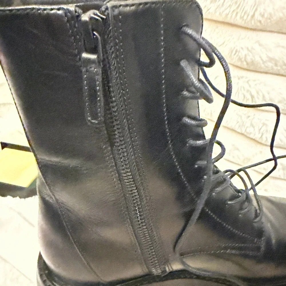 Tory Burch Black Leather Lace-Up Combat Boots with Logo